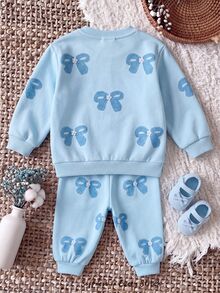 SHEIN Kids Kids Kids Newborn Cute Blue Bow Sweatshirt & Elastic Waist Long Autumn Winter Pants Set - Blue - View 6