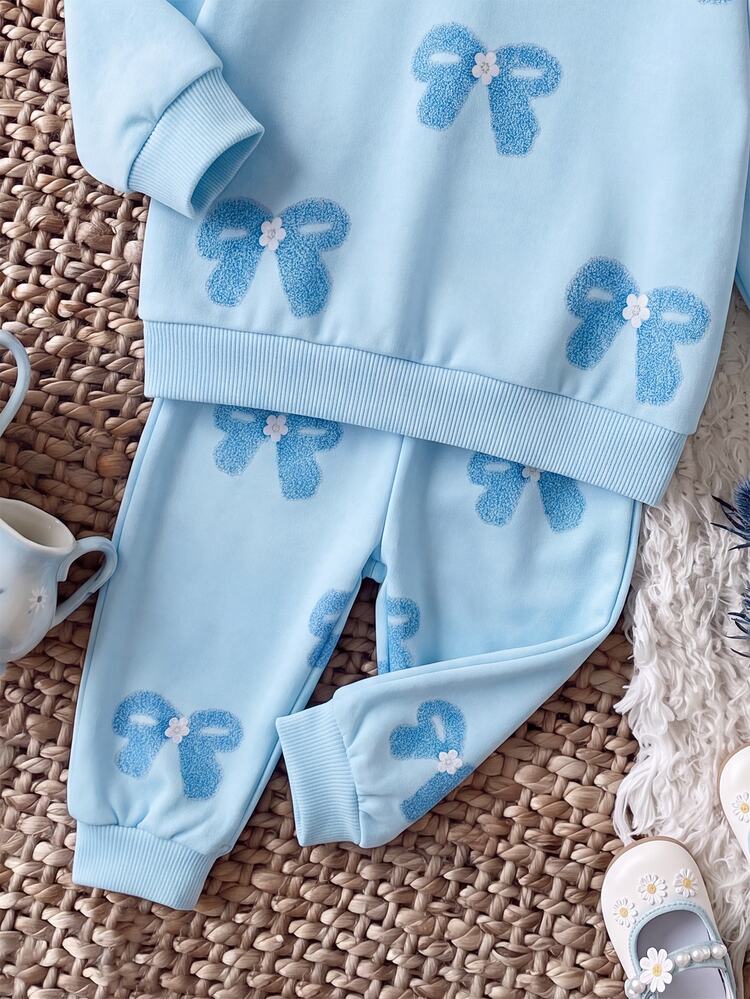 SHEIN Kids Kids Kids Newborn Cute Blue Bow Sweatshirt & Elastic Waist Long Autumn Winter Pants Set - Blue - View 4