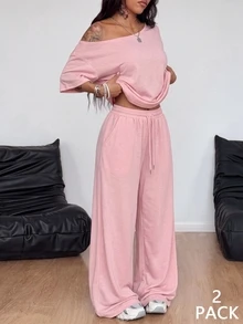 Coolane Women's Summer Streetwear Casual Y2K Daily Wear Basic Sport Soft Pink Loose Asymmetrical Off Shoulder T-Shirt And Wide Leg Pants 2pcs Lounge Travel - Pink - View 4