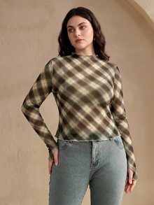 Anewsta 女款春夏/秋冬現代復古格紋百搭通勤時尚休閒約會購物修身大尺碼長袖上衣 - 棕色 - 查看 5
