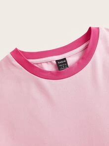 Sweetina PINK Casual Lip Print Contrast Trim Fitted Crop Short Sleeve T-Shirt For Women, Summer Pullover Suitable For Going Out - Pink - View 5