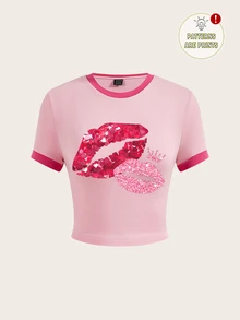 Sweetina PINK Casual Lip Print Contrast Trim Fitted Crop Short Sleeve T-Shirt For Women, Summer Pullover Suitable For Going Out - Pink - View 3