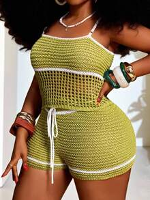 Veslaya Plus Size Women Open Knit Camisole Top And Knitted Shorts Set - Multicolor - View 3