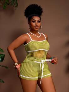 Veslaya Plus Size Women Open Knit Camisole Top And Knitted Shorts Set - Multicolor - View 7