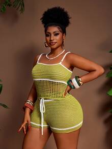 Veslaya Plus Size Women Open Knit Camisole Top And Knitted Shorts Set - Multicolor - View 6