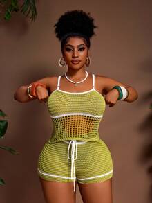 Veslaya Plus Size Women Open Knit Camisole Top And Knitted Shorts Set - Multicolor - View 4