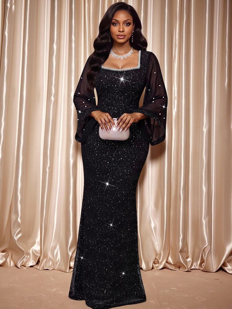 Fleurora Plus Size Exquisite Sequin & Faux Pearl Decorated Dress Black Dress Sparkly Dress Birthday Dress Elegant Long Party Dress Luxury Evening Wedding Dress - Black - View 2