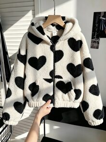 SHEIN 女童復古黑白波點連帽夾克，經典白色底色配黑色波點滿版印花設計，寬鬆舒適，連帽拉鍊開襟，休閒青春百搭，適合春秋日常上學通勤、週末出遊、校園休閒學院風，極簡復古氛圍 - 白色 - 查看 2