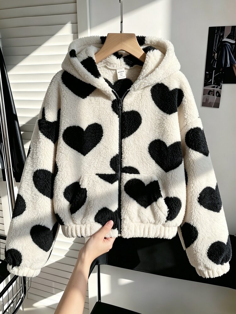 SHEIN Girls' Vintage Black & White Polka Dot Hooded Jacket, Classic White Base With Black Polka Dot All-Over Print Design, Loose Fit Comfortable, Hooded With Zipper Closure, Casual Youthful Fashion Versatile, Spring/Autumn Daily School Commute, Weekend Outings, Campus Casual Preppy Style, Minimalist Vintage Vibe - White - View 2