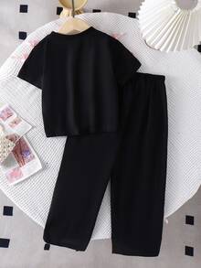 SHEIN Elladie kids 女童可爱粉色蝴蝶结印花圆领短袖T恤搭配黑色长裤时尚套装，春夏款 - 黑色 - 查看 2