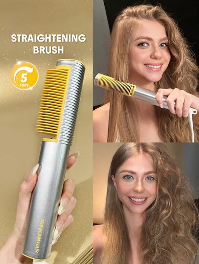 SHEGLAM HAIR Sleek Chic 3D Thermal Straightening Brush,24K Gold Hair Straightener Brush With Negative Ionic,Straight Hair Comb With 3D Anti-Scald Design & 5Temp Selection,5Min Quick Straightening,60S Fast Heat-Up & 30Min Minutes Auto-Off,Detangles Hair Easily For Home Salo