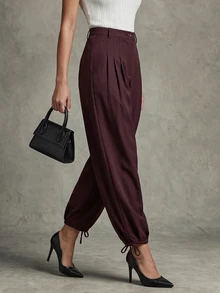Trelyra Women's Casual Comfortable Commute Lazy Versatile Pleated Design Jogger Pants Regular Long Pants - Burgundy - View 4