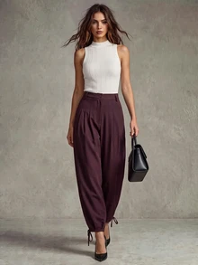Trelyra Women's Casual Comfortable Commute Lazy Versatile Pleated Design Jogger Pants Regular Long Pants - Burgundy - View 5
