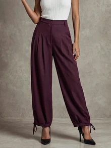 Trelyra Women's Casual Comfortable Commute Lazy Versatile Pleated Design Jogger Pants Regular Long Pants - Burgundy - View 3