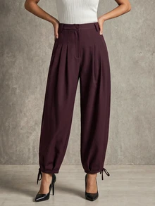 Trelyra Women's Casual Comfortable Commute Lazy Versatile Pleated Design Jogger Pants Regular Long Pants - Burgundy - View 1