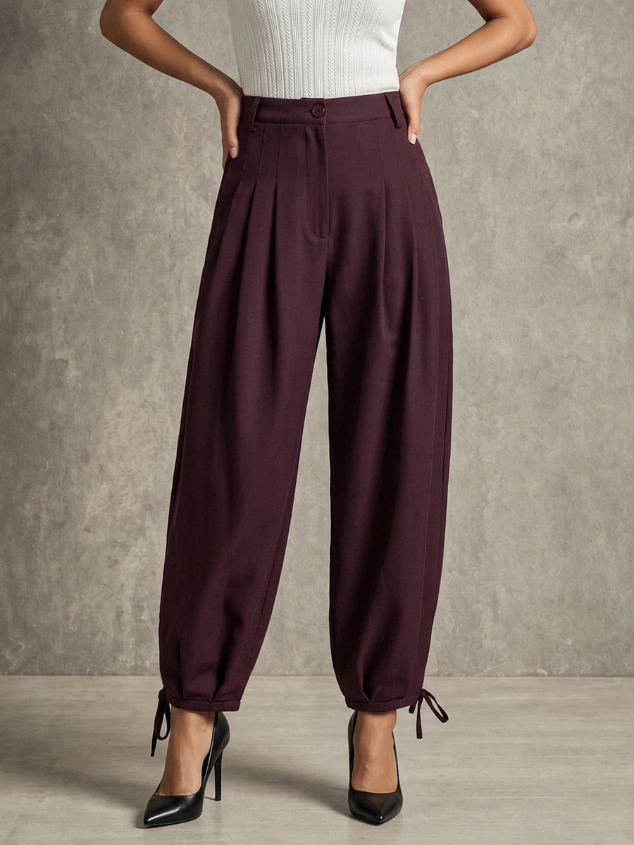 Trelyra Women's Casual Comfortable Commute Lazy Versatile Pleated Design Jogger Pants Regular Long Pants - Burgundy - View 1