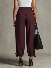 Trelyra Women's Casual Comfortable Commute Lazy Versatile Pleated Design Jogger Pants Regular Long Pants - Burgundy - View 2
