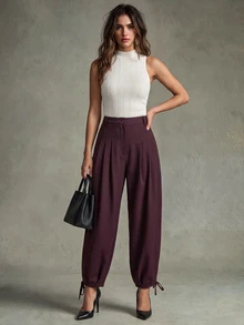 Trelyra Women's Casual Comfortable Commute Lazy Versatile Pleated Design Jogger Pants Regular Long Pants - Burgundy - View 6