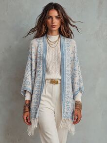Trelyra Women's Luxury Paisley Flower Tassel Hem Cardigan - White - View 1