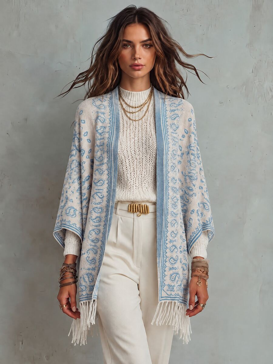 Trelyra Women's Luxury Paisley Flower Tassel Hem Cardigan - White - View 1