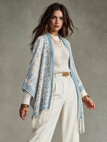 Trelyra Women's Luxury Paisley Flower Tassel Hem Cardigan - White - View 4