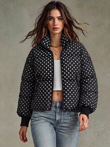 SoleilVie معطف مبطن بياقة قائمة بنقاط سوداء، ضروري شتوي بتصميم كسلان ونحيف - أبيض وأسود - مشاهدة 5