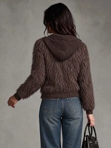 Trelyra Autumn/Winter New Old Money Style Faux Mink Fur Hooded Cardigan Sweater, Commuter Versatile - Coffee Brown - View 2