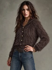 Trelyra Autumn/Winter New Old Money Style Faux Mink Fur Hooded Cardigan Sweater, Commuter Versatile - Coffee Brown - View 3