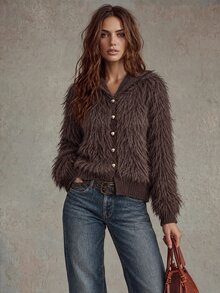 Trelyra Autumn/Winter New Old Money Style Faux Mink Fur Hooded Cardigan Sweater, Commuter Versatile - Coffee Brown - View 4