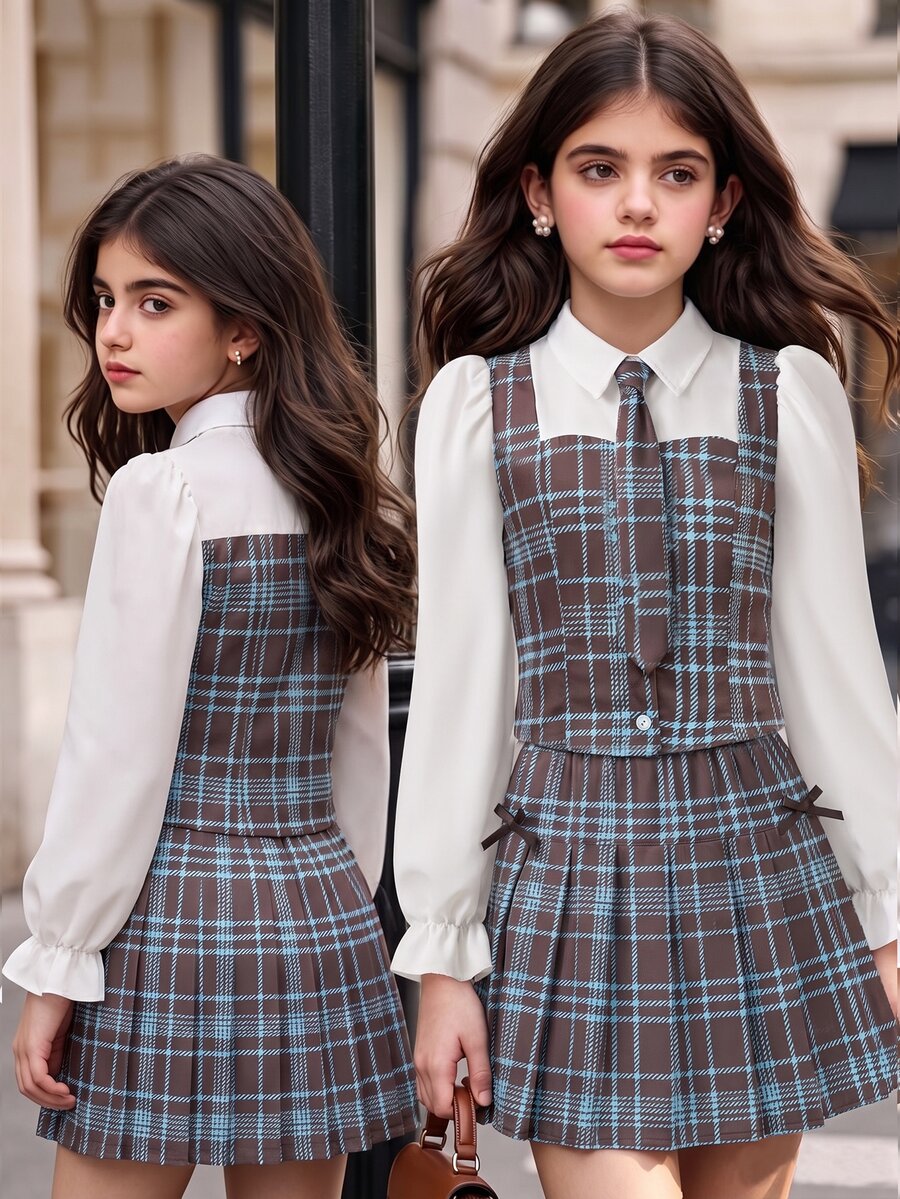SHEIN Set Baju Anak Perempuan Kerah Lapel Motif Patchwork Kotak-kotak Gaya Kampus Atasan Lengan Panjang Kancing Depan Mengembang dengan Rok Lipit Pinggang Elastis Musim Semi dan Gugur untuk Sekolah - MultiWarna - View 1