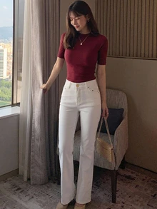 DAZY 女士纯色圆领短袖修身休闲上衣，日常穿着 - 酒紅色 - 查看 7