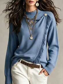 Breezaya Women's Autumn/Winter Vacation Casual Wrap Tassel Pullover Long Sleeve Knit Sweater - Blue - View 1