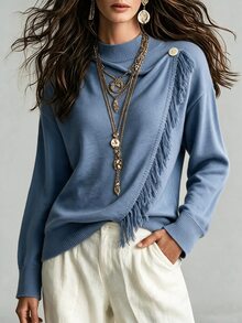Breezaya Women's Autumn/Winter Vacation Casual Wrap Tassel Pullover Long Sleeve Knit Sweater - Blue - View 5