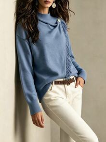 Breezaya Women's Autumn/Winter Vacation Casual Wrap Tassel Pullover Long Sleeve Knit Sweater - Blue - View 7