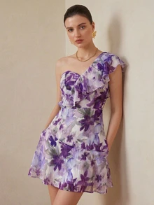 BELROSIE European And American Style Spring/Summer New Fashion Versatile Purple Floral Thread Chiffon Ruffle Sleeveless Dress, Elegant Off-Shoulder Dress - Purple - View 1