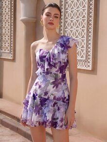 BELROSIE European And American Style Spring/Summer New Fashion Versatile Purple Floral Thread Chiffon Ruffle Sleeveless Dress, Elegant Off-Shoulder Dress - Purple - View 3
