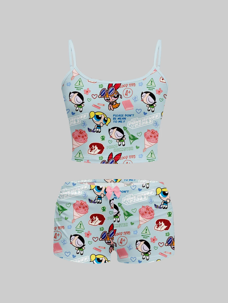 Sweetina THE POWERPUFF GIRLS X SHEIN 女款細肩帶上衣與短褲兩件套，鬆緊腰，休閒極簡 IP 聯名印花圖案，適合度假、畢業季、夏季上衣、日常通勤、約會、派對、秋冬春夏、聖誕節、新年、感恩節、婚禮、海灘 - 彩色 - 查看 1