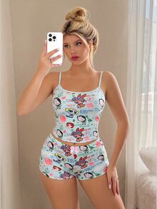 Sweetina THE POWERPUFF GIRLS X SHEIN 女款細肩帶上衣與短褲兩件套，鬆緊腰，休閒極簡 IP 聯名印花圖案，適合度假、畢業季、夏季上衣、日常通勤、約會、派對、秋冬春夏、聖誕節、新年、感恩節、婚禮、海灘 - 彩色 - 查看 7
