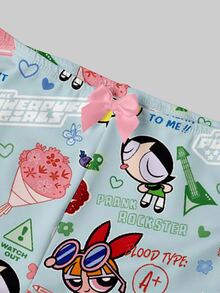 Sweetina THE POWERPUFF GIRLS X SHEIN 女款細肩帶上衣與短褲兩件套，鬆緊腰，休閒極簡 IP 聯名印花圖案，適合度假、畢業季、夏季上衣、日常通勤、約會、派對、秋冬春夏、聖誕節、新年、感恩節、婚禮、海灘 - 彩色 - 查看 3