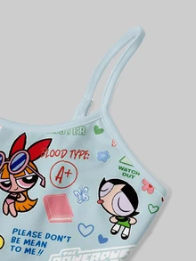 Sweetina THE POWERPUFF GIRLS X SHEIN 女款細肩帶上衣與短褲兩件套，鬆緊腰，休閒極簡 IP 聯名印花圖案，適合度假、畢業季、夏季上衣、日常通勤、約會、派對、秋冬春夏、聖誕節、新年、感恩節、婚禮、海灘 - 彩色 - 查看 4