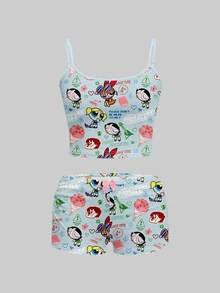 Sweetina THE POWERPUFF GIRLS X SHEIN 女款細肩帶上衣與短褲兩件套，鬆緊腰，休閒極簡 IP 聯名印花圖案，適合度假、畢業季、夏季上衣、日常通勤、約會、派對、秋冬春夏、聖誕節、新年、感恩節、婚禮、海灘 - 彩色 - 查看 6