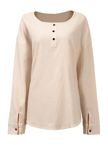 Selamara Plus Size Women's Round Neck Long Sleeve Solid Color Button Casual Comfortable Top - Apricot - View 3