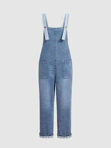 SHEIN 女款休閒牛仔連身褲，附口袋，適合日常穿著 - 藍色 - 查看 5