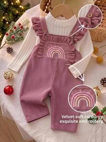 LMoss Kids Newborn Baby Girl Woven Cute Versatile Casual Pink Rainbow Embroidered Romper, Suitable For Spring, Summer, Autumn, Winter All Seasons Wear. - Pink - View 1