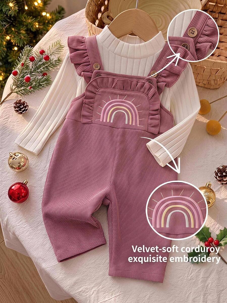 LMoss Kids Newborn Baby Girl Woven Cute Versatile Casual Pink Rainbow Embroidered Romper, Suitable For Spring, Summer, Autumn, Winter All Seasons Wear. - Pink - View 1