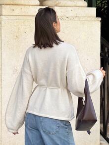 Siren Gaze Autumn/Winter New Solid Color Loose Tie Knit Cardigan Casual - Apricot - View 2