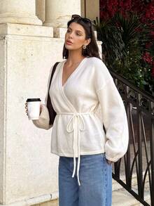 Siren Gaze Autumn/Winter New Solid Color Loose Tie Knit Cardigan Casual - Apricot - View 4