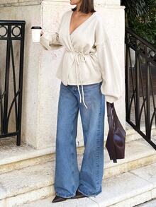 Siren Gaze Autumn/Winter New Solid Color Loose Tie Knit Cardigan Casual - Apricot - View 3