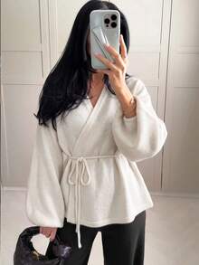 Siren Gaze Autumn/Winter New Solid Color Loose Tie Knit Cardigan Casual - Apricot - View 1