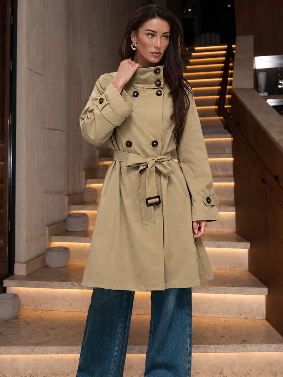 Allurite Classic French Commuter Office Drawstring Khaki Utility Trench Coat Teachers' Day Autumn French Classic - Khaki - View 1